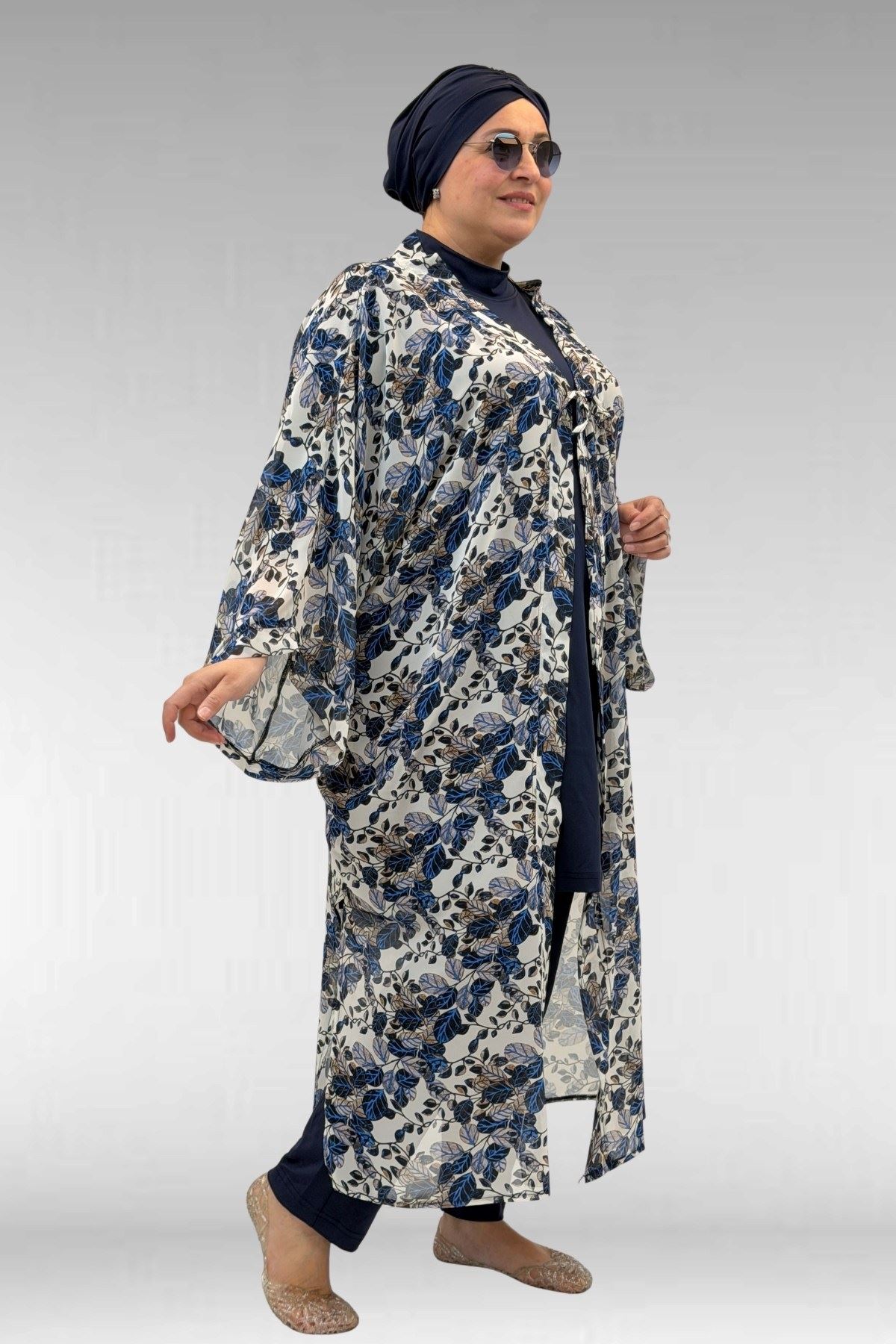 1735 Büyük Beden Garni Detaylı Pareo - Yaprak Desen Mavi