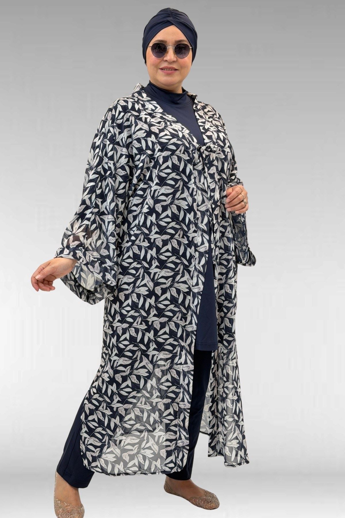 1735 Büyük Beden Garni Detaylı Pareo - Yaprak Desen Ekru