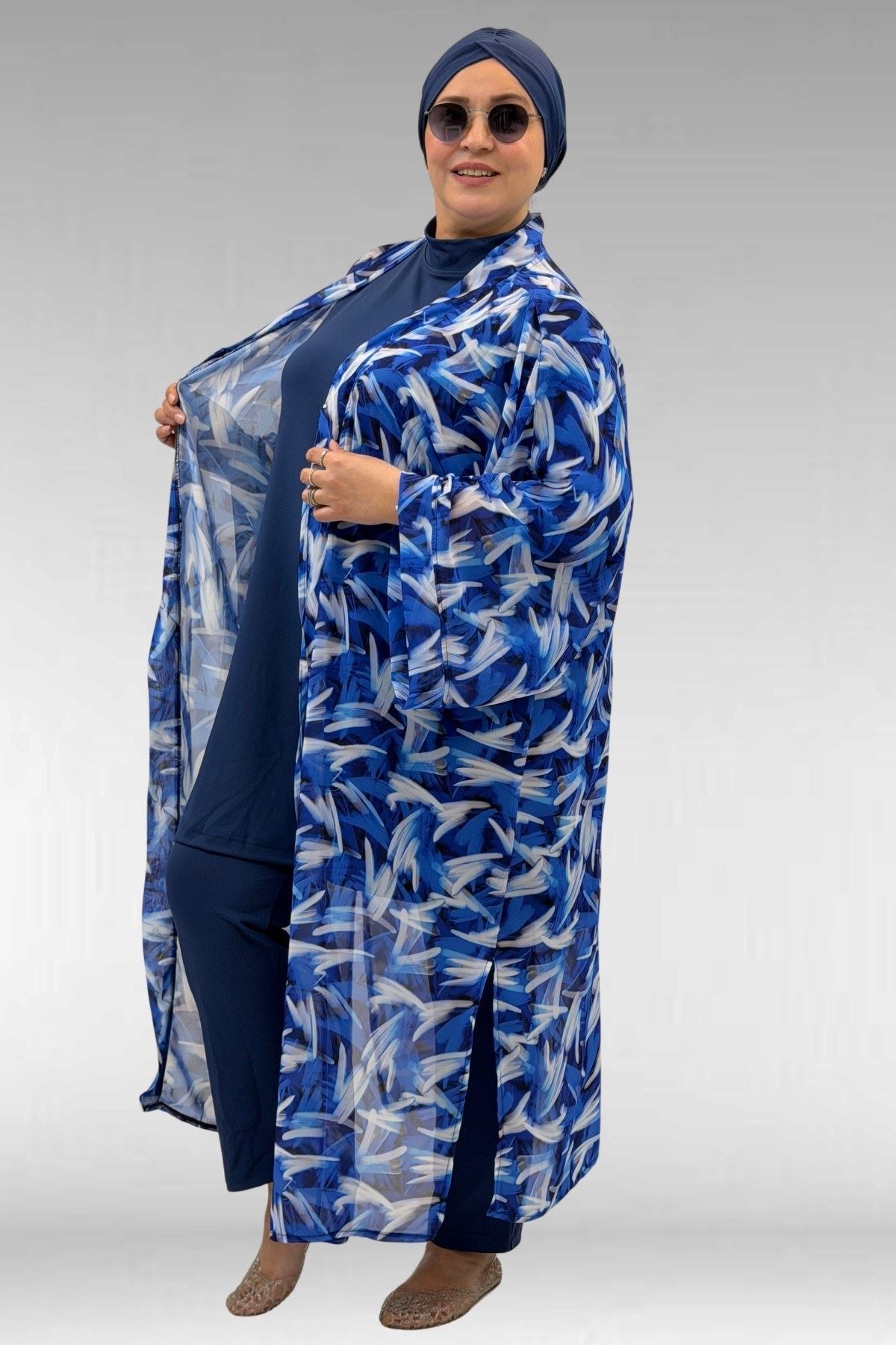 1735 Büyük Beden Garni Detaylı Pareo - Fırça Desen Saks