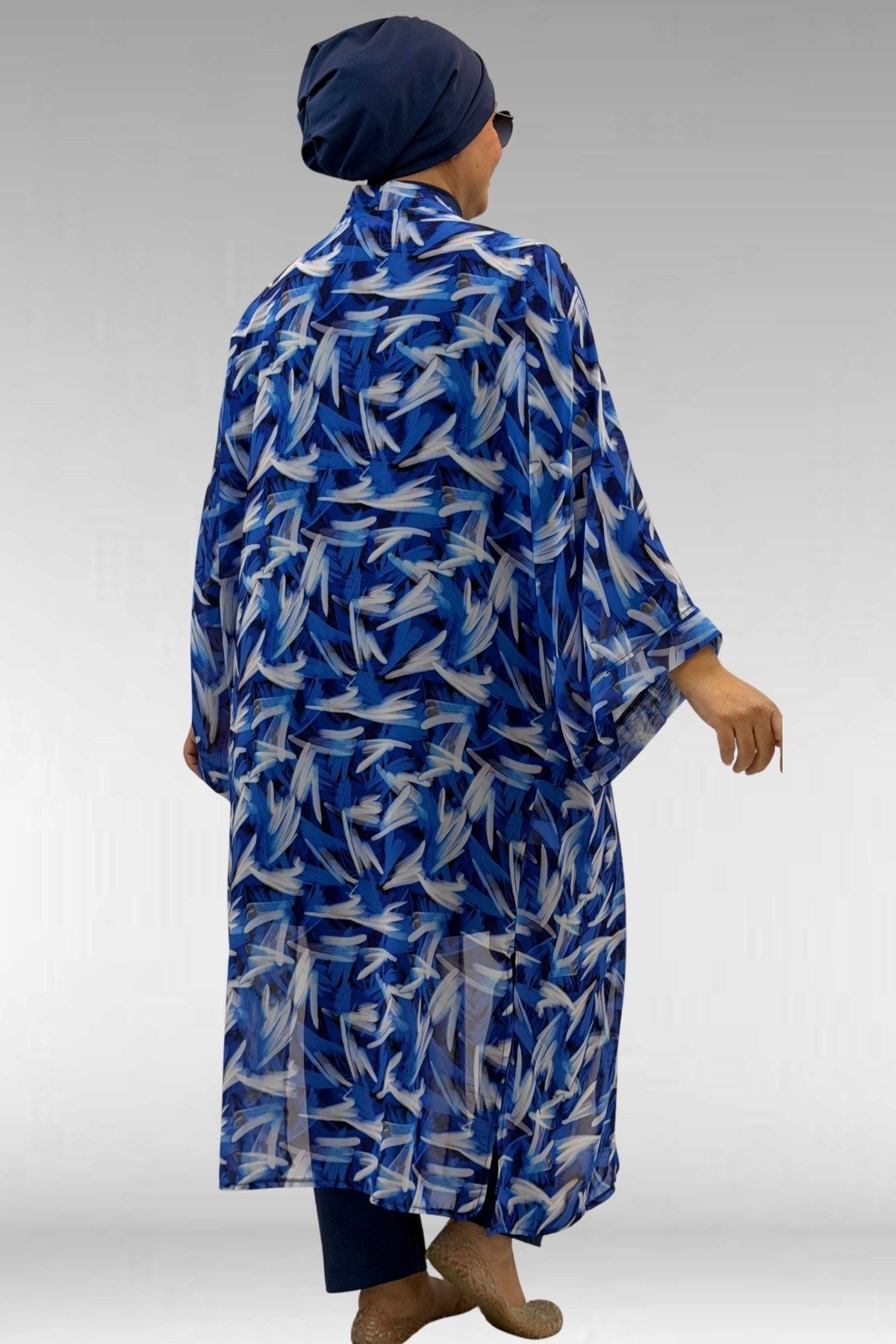 1735 Büyük Beden Garni Detaylı Pareo - Fırça Desen Saks