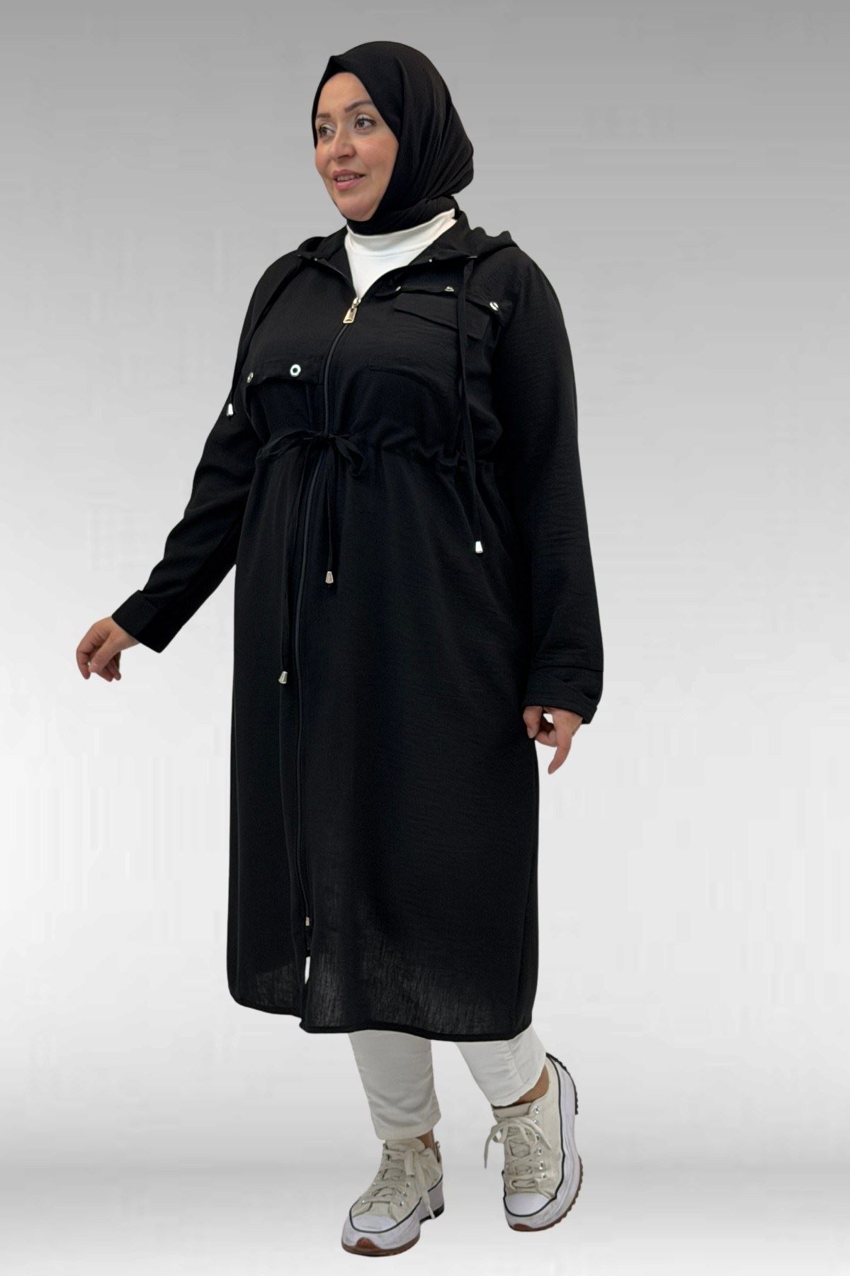 63008 Büyük Beden Kuşgözü Detaylı Keten Kap - Siyah