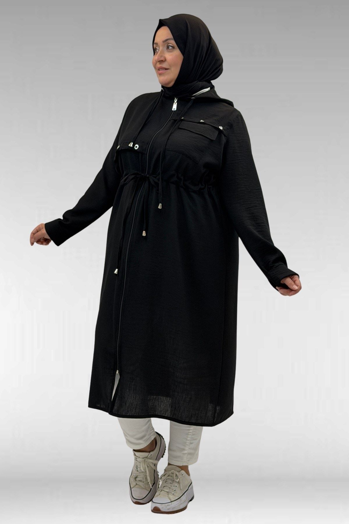 63008 Büyük Beden Kuşgözü Detaylı Keten Kap - Siyah