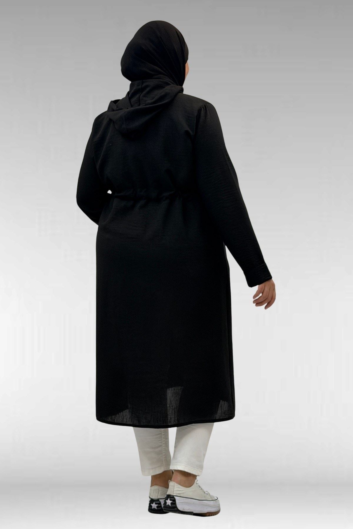 63008 Büyük Beden Kuşgözü Detaylı Keten Kap - Siyah