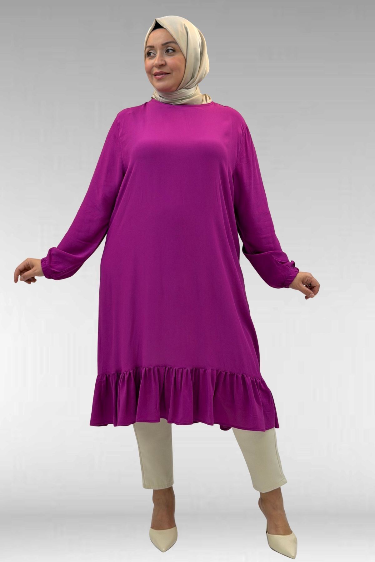 68033 Büyük Beden Eteği Fırfırlı Maroken Tunik - Fuşya