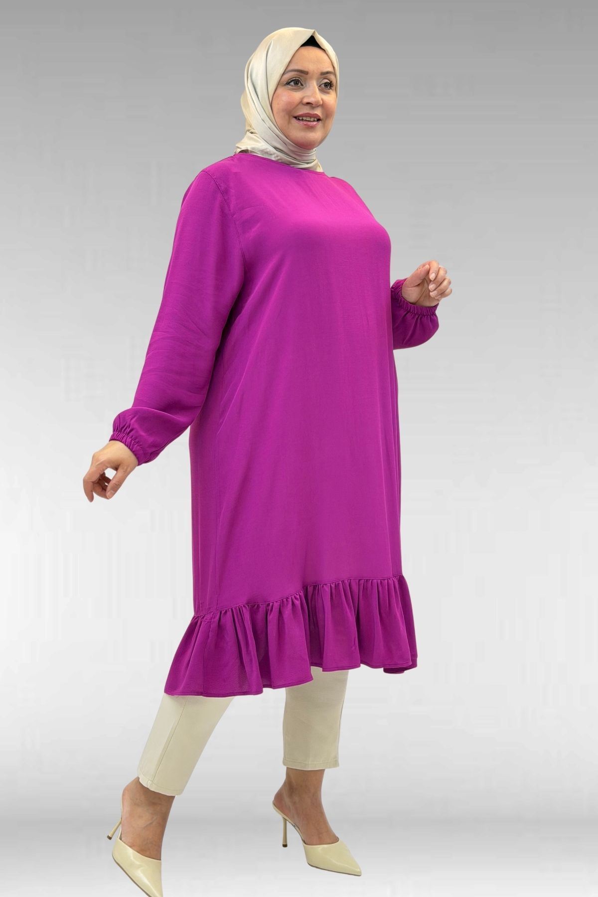 68033 Büyük Beden Eteği Fırfırlı Maroken Tunik - Fuşya