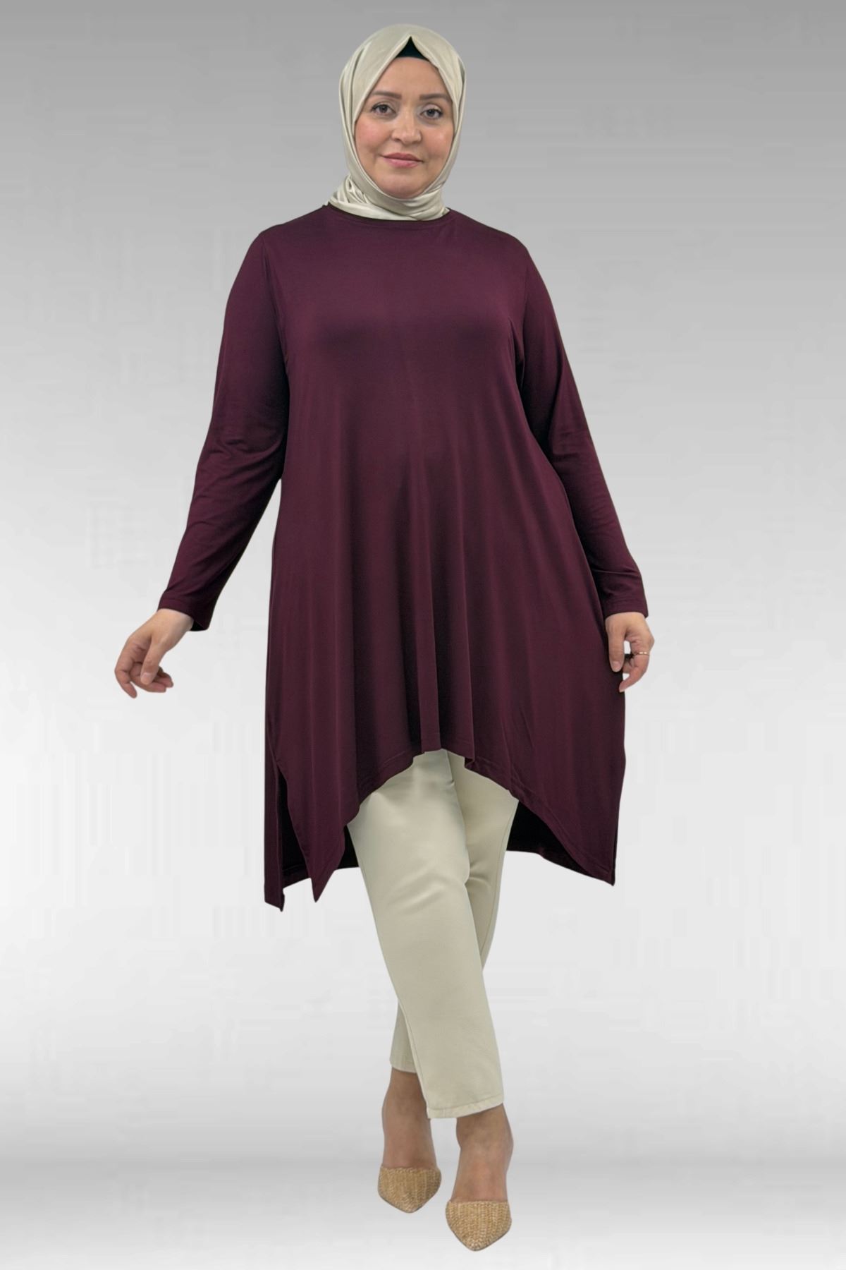 58070 Büyük Beden Asimetrik Kesim Penye Tunik - Bordo