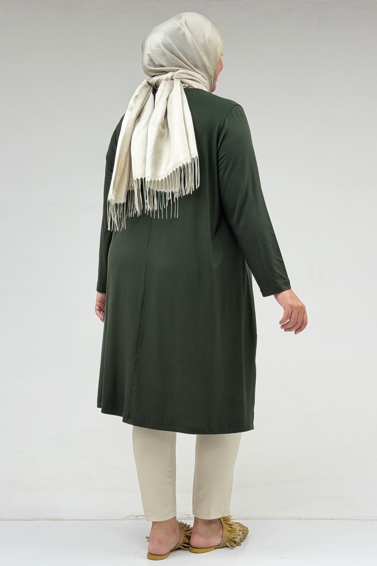 58070 Büyük Beden Asimetrik Kesim Penye Tunik - Haki