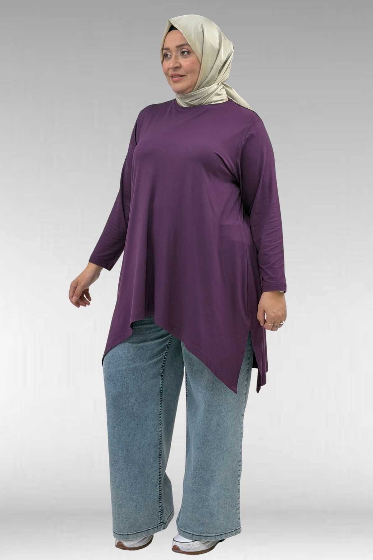 58070 Büyük Beden Asimetrik Kesim Penye Tunik - Mürdüm