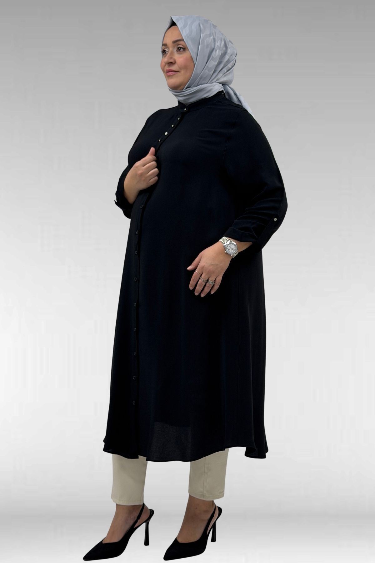 68039 Büyük Beden Hakim Yaka Maroken Gömlek - Siyah