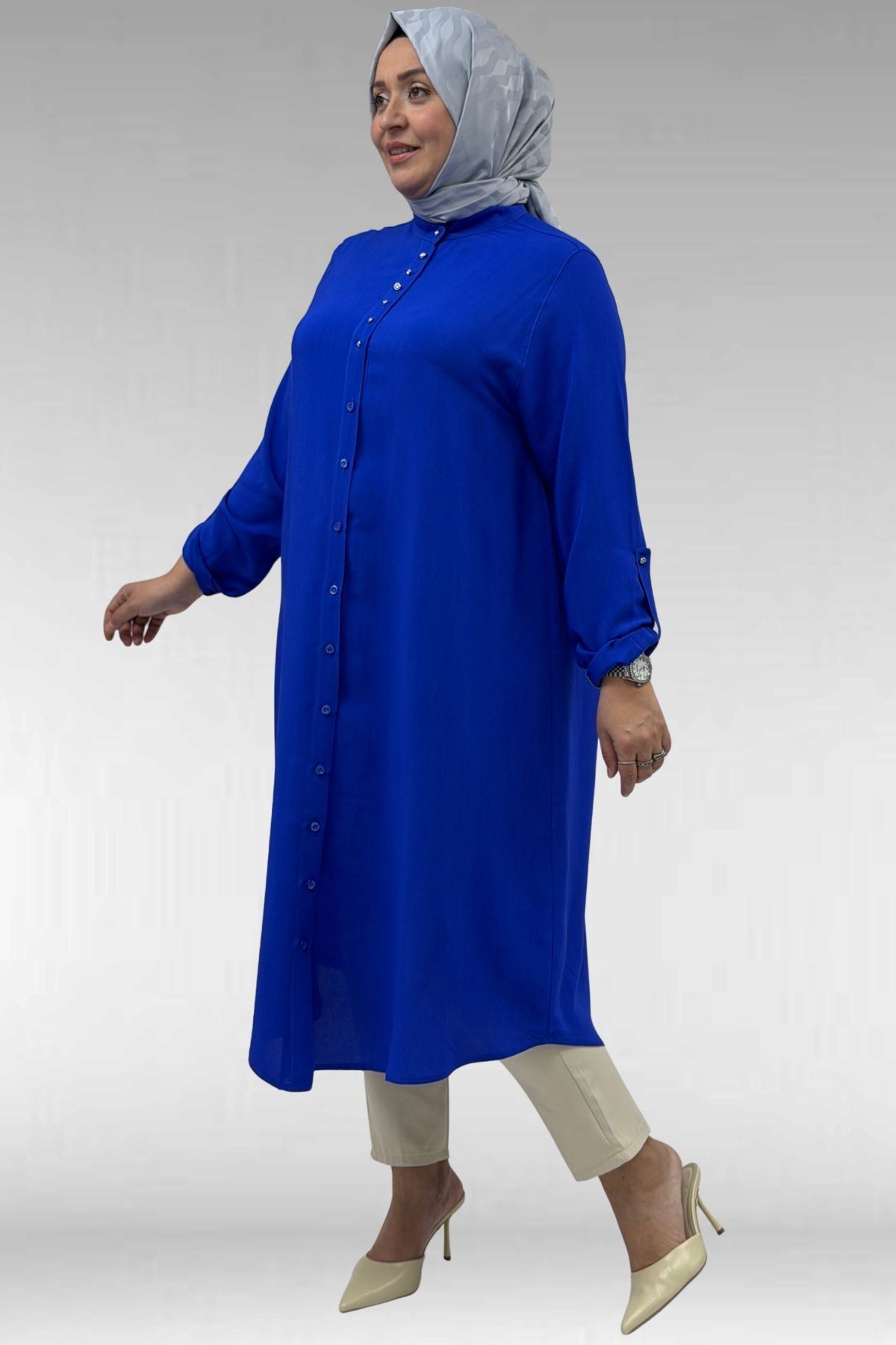 68039 Büyük Beden Hakim Yaka Maroken Gömlek - Saks