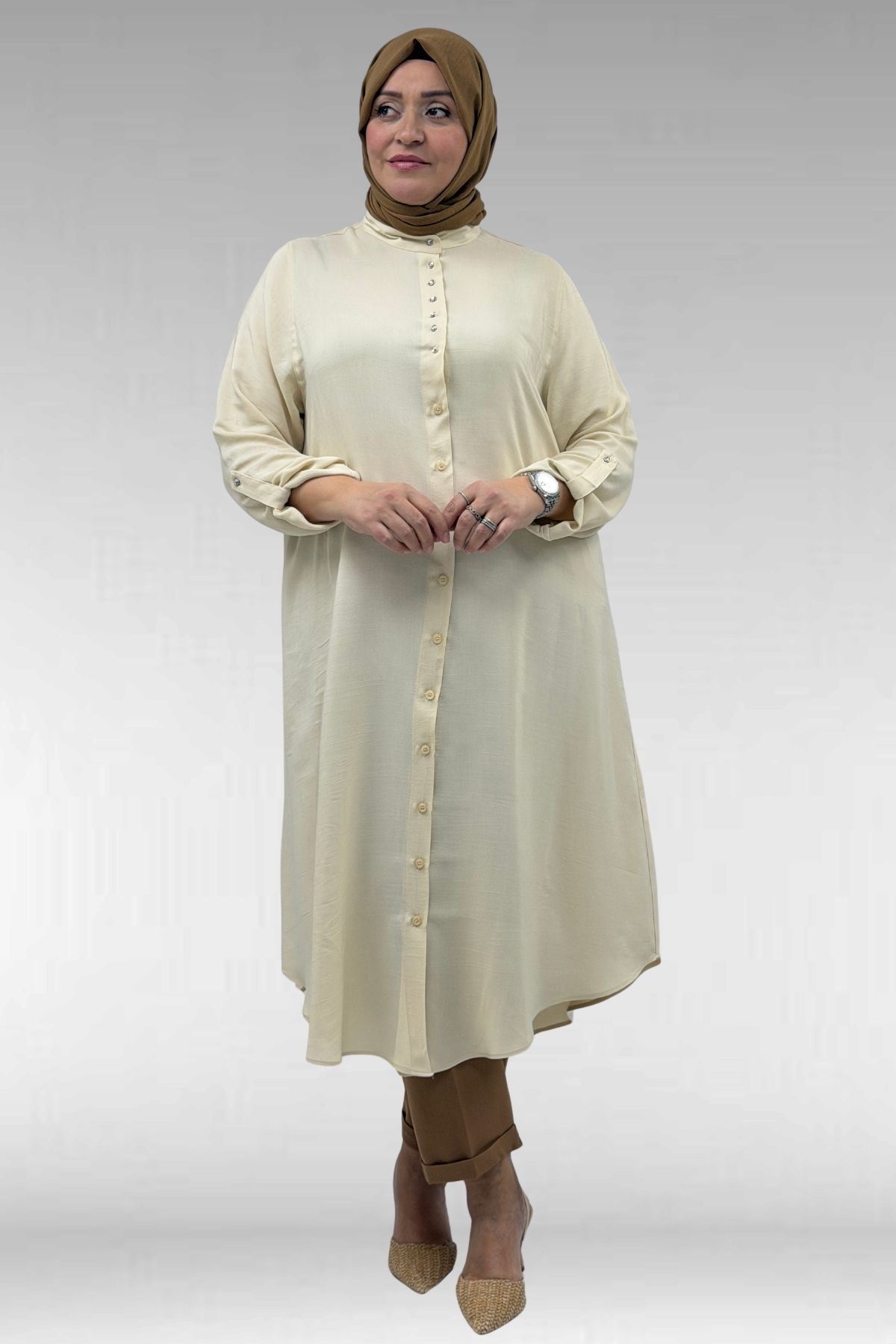 68039 Büyük Beden Hakim Yaka Maroken Gömlek - Bej