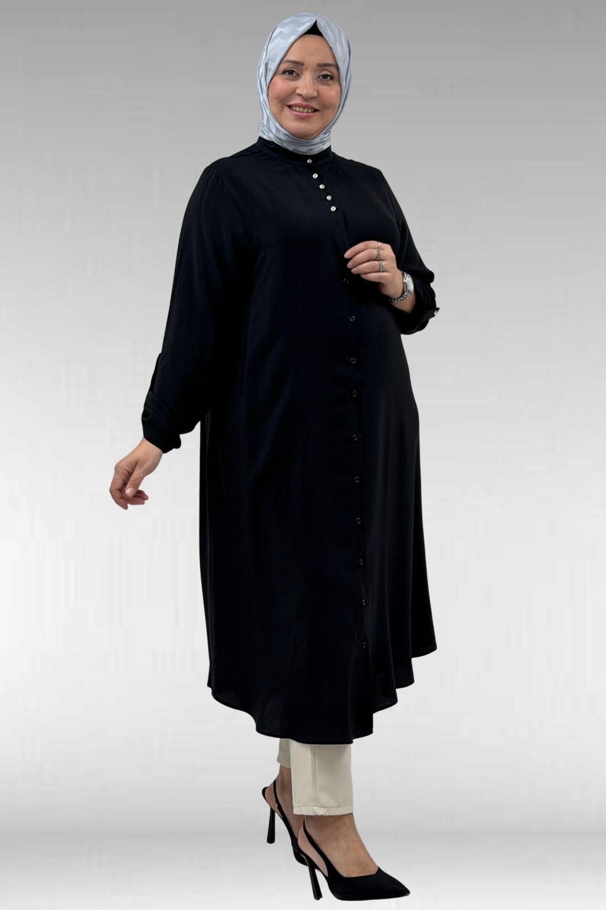 68039 Büyük Beden Hakim Yaka Maroken Gömlek - Siyah