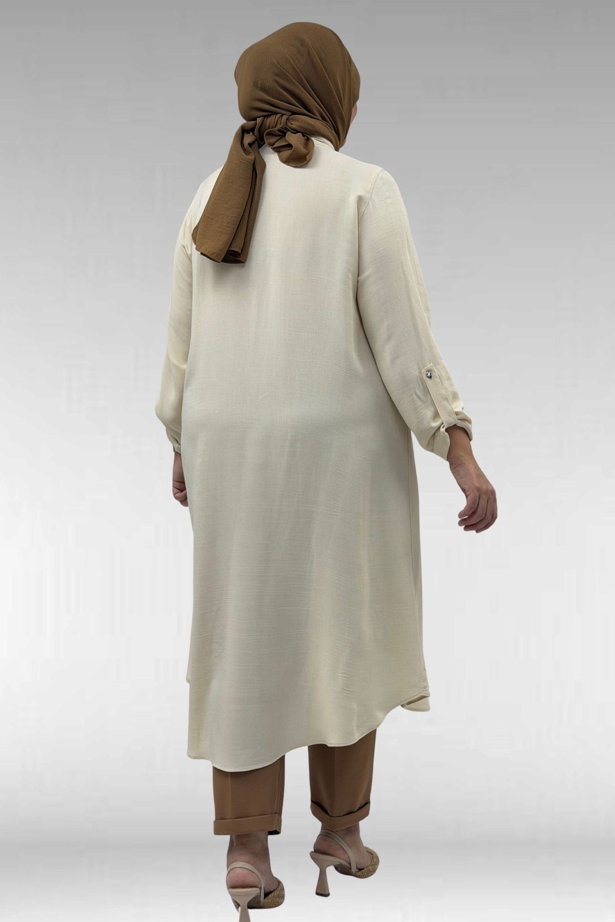 68039 Büyük Beden Hakim Yaka Maroken Gömlek - Bej