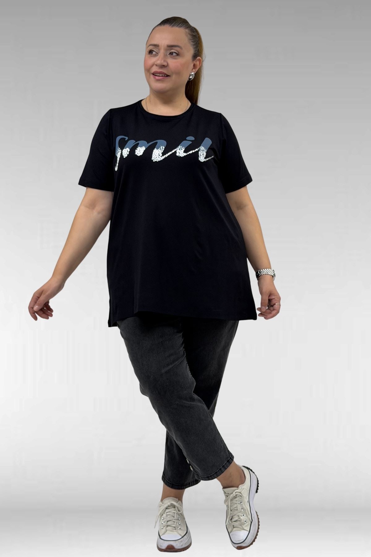 68503 Büyük Beden Yakası Biyeli Baskılı Penye Tişört - Siyah