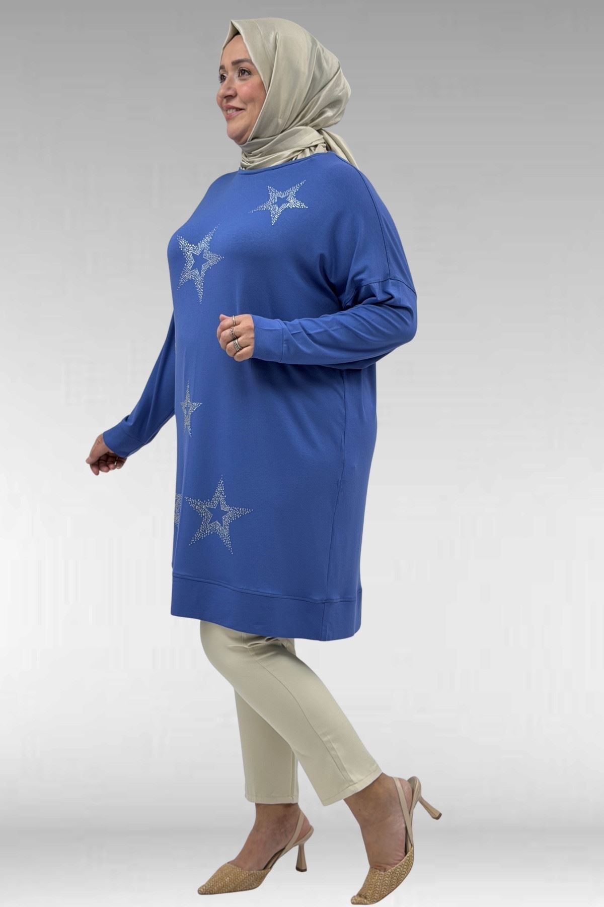 68027 Büyük Beden Yıldız Taş Baskılı Penye Tunik - İndigo