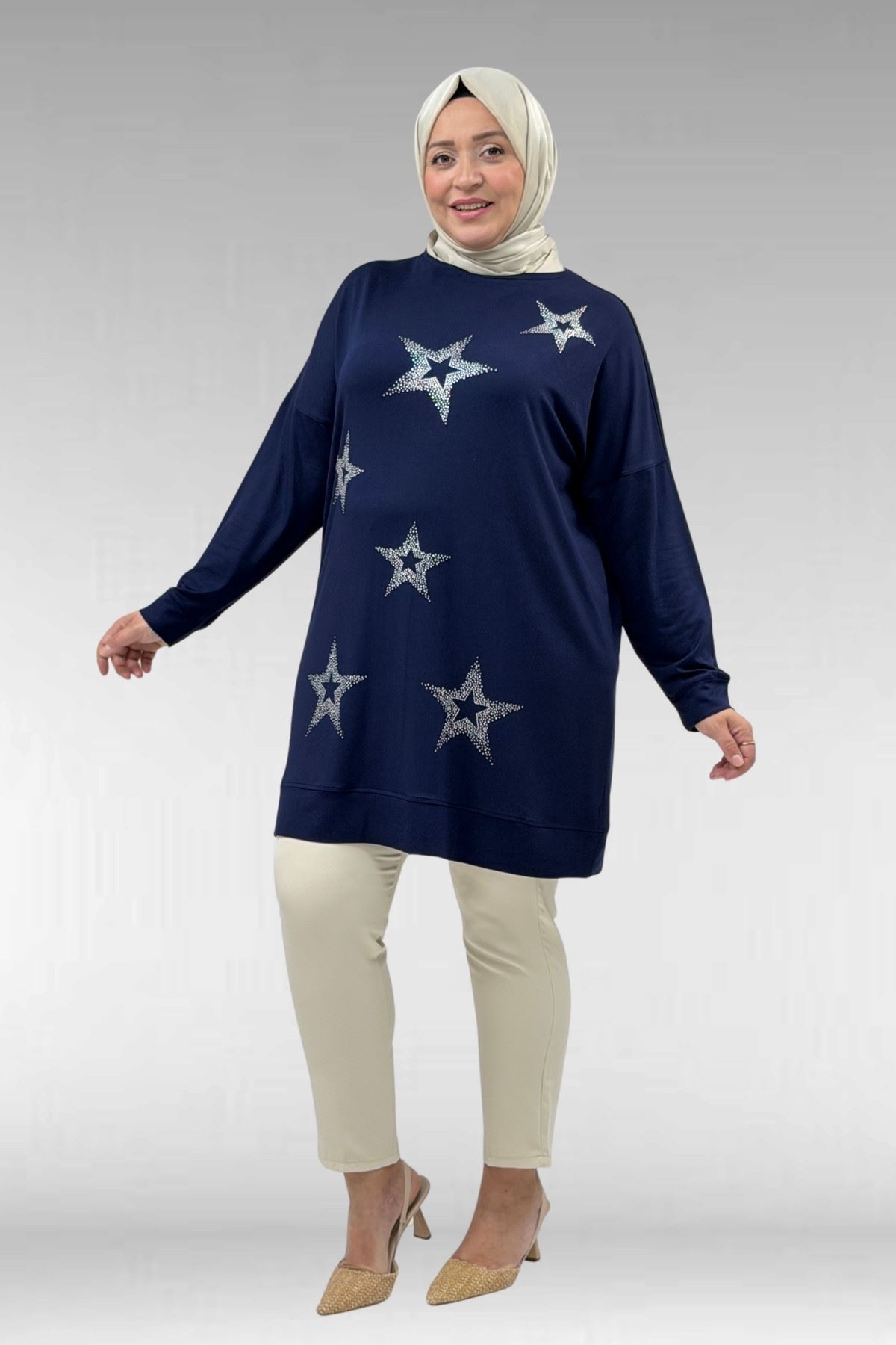 68027 Büyük Beden Yıldız Taş Baskılı Penye Tunik - Lacivert