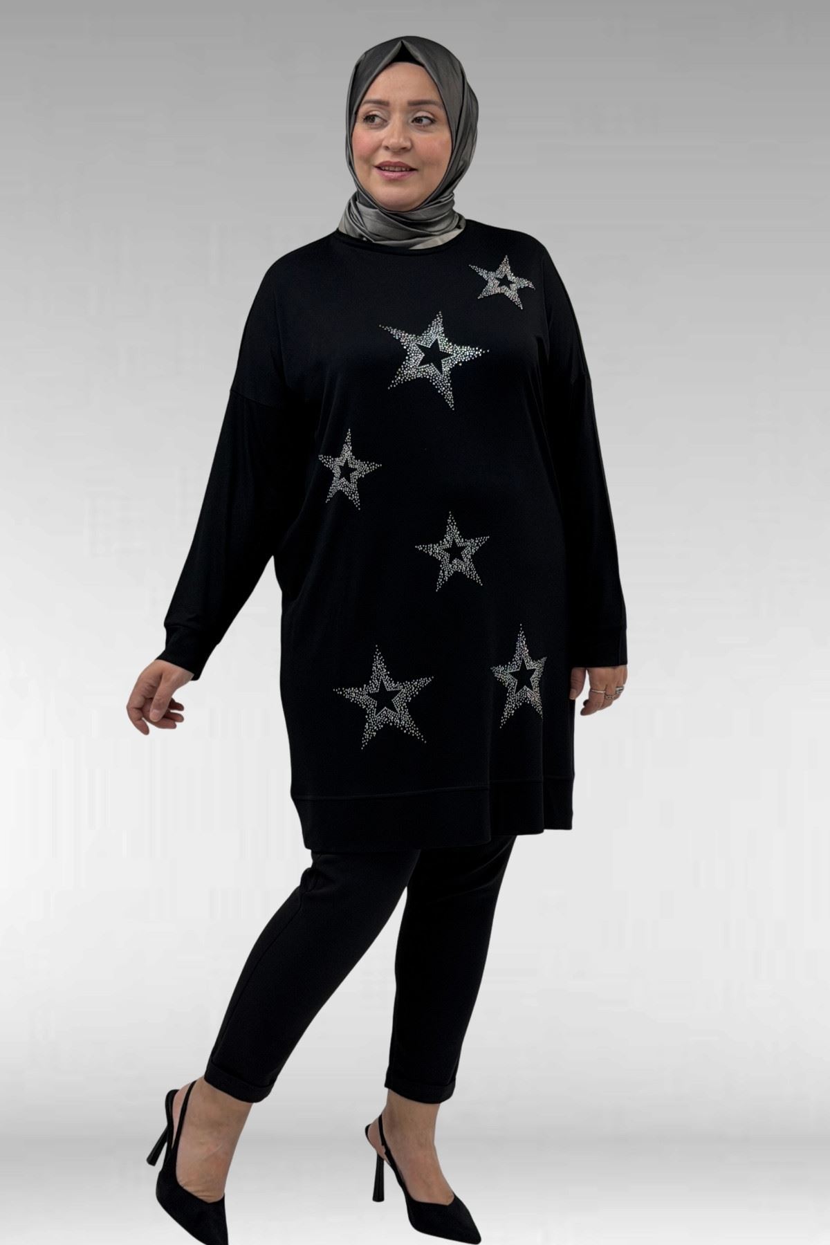68027 Büyük Beden Yıldız Taş Baskılı Penye Tunik - Siyah
