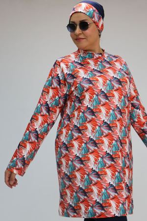 1727 Büyük Beden Uzunkol Tesettür Mayo Takım - Yaprak Desen Oranj