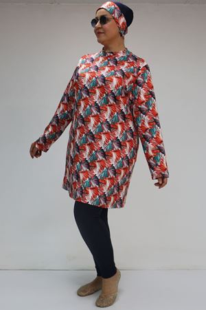 1727 Büyük Beden Uzunkol Tesettür Mayo Takım - Yaprak Desen Oranj