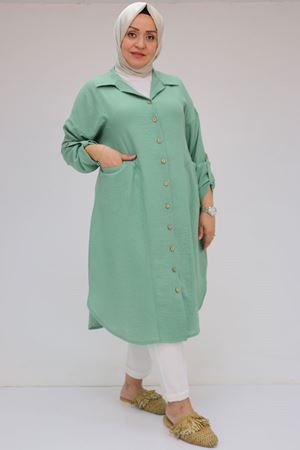 58071 Büyük Beden Önleri Torba Cepli Müslin Gömlek - Nefti