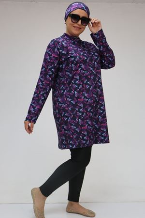 1727 Büyük Beden Uzunkol Tesettür Mayo Takım - Kelebek Desen Mor