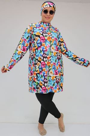 1727 Büyük Beden Uzunkol Tesettür Mayo Takım - Karışık Desen Mavi