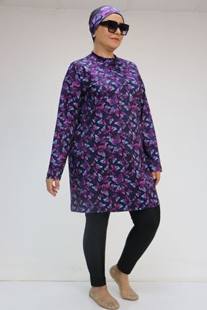 1727 Büyük Beden Uzunkol Tesettür Mayo Takım - Kelebek Desen Mor