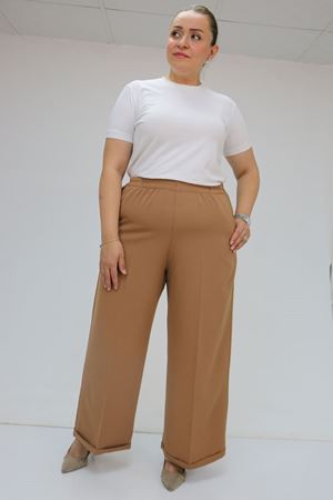 59008 Büyük Beden Beli Lastikli Duble Paça Pantolon - Taba