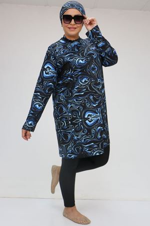 1727 Büyük Beden Uzun Kol Taytlı Tesettür Mayo Takım -  Aqua Mavi