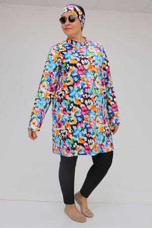 1727 Büyük Beden Uzunkol Tesettür Mayo Takım - Karışık Desen Mavi