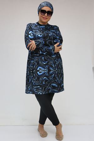 1727 Büyük Beden Uzun Kol Taytlı Tesettür Mayo Takım -  Aqua Mavi