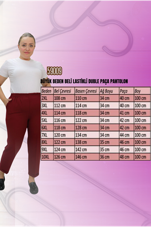 59009 Büyük Beden Beli Lastikli Duble Paça Pantolon - Taba