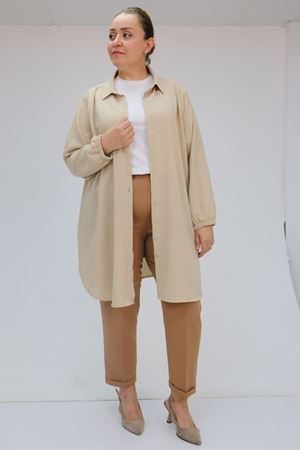 59009 Büyük Beden Beli Lastikli Duble Paça Pantolon - Taba