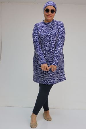 1727 Büyük Beden Uzunkol Tesettür Mayo Takım - Damla Desen Saks