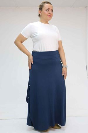 55001 Büyük Beden Yanı Düğmeli Penye Etek - Lacivert