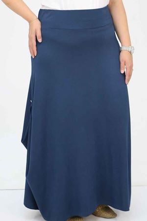 55001 Büyük Beden Yanı Düğmeli Penye Etek - Lacivert