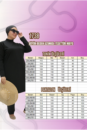 1738 Büyük Beden Uzunkol Tesettür Mayo - Siyah