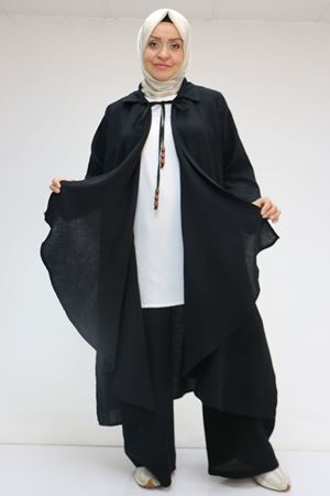 57017 Büyük Beden Torba Cepli Müslin Pantolonlu Takım - Siyah