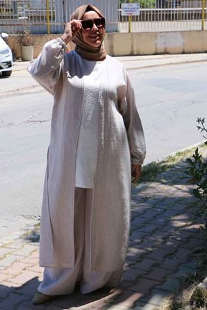 F-57026 Büyük Beden Mostralı Pantolonlu Etamin Takım - Bej