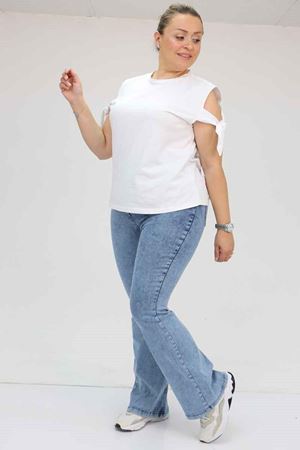 9137-17 Büyük Beden Beli Lastikli İspanyol Paça  Kot Pantolon - Kar Yıkama Mavi