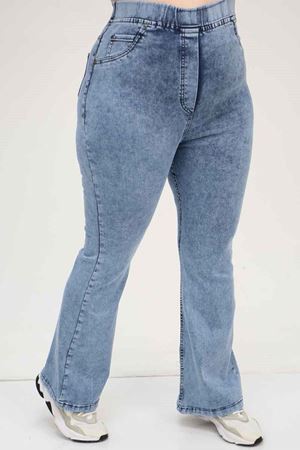9137-17 Büyük Beden Beli Lastikli İspanyol Paça  Kot Pantolon - Kar Yıkama Mavi