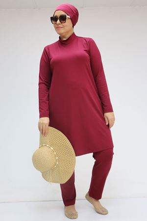 1738 Büyük Beden Uzunkol Tesettür Mayo - Bordo