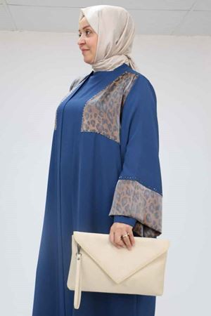 57207 Büyük Beden Garni Detaylı Etamin Elbiseli Abaya - Petrol