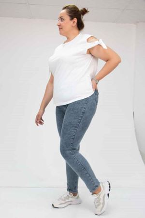 9184-11 Büyük Beden Beli Lastikli Dar Paça Uzun Kot Pantolon - Kar Yıkama Lacivert