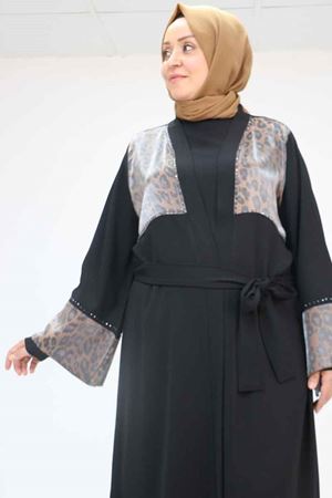 57207 Büyük Beden Garni Detaylı Etamin Elbiseli Abaya - Siyah