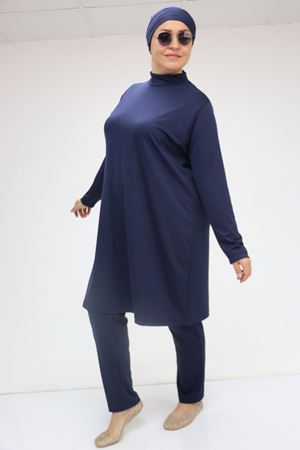 1738 Büyük Beden Uzunkol Tesettür Mayo - Lacivert