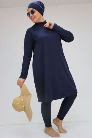 1737 Büyük Beden Uzunkol Tesettür Mayo - Lacivert