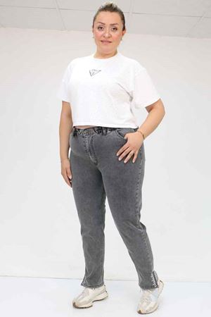 49023 Büyük Beden Arkası Lastikli Kemerli Kot Pantolon - Antrasit