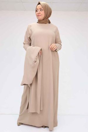 57210 Büyük Beden Renge Renk Garni Detaylı Abaya Takım - Vizon