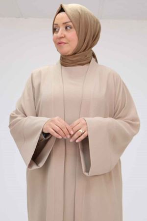 57210 Büyük Beden Renge Renk Garni Detaylı Abaya Takım - Vizon